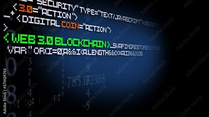 Web3 blue screen code web 3.0 blockchain coding program text decentralization cryto tag cloud text words data currency video cryptocurrency bitcoin ethereum big data
