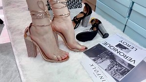 Sexy Rhinestone Strap High-heeled  Female Summer Sandals for Women Thick Heels Shoes