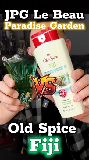 Roger Noir on Instagram: "Tropical Vibes Showdown. JPG Le Beau Paradise Garden VS. Old Spice Fiji. #jeanpaulgaultierlebeau #paradisegarden #oldspicefiji #fragrance #cologne"