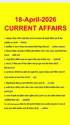 18 April 2026 Current Affairs | Current Affairs Today | Daily Current Affairs Class |