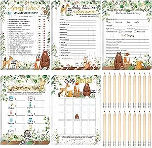 Sinmoe 145 Pcs Woodland Animal Baby Shower Games Supplies 5 Sets Baby Shower Games Activities Cards with 20 Pcs Funny Pencils Include Descriptions and Wishes, Guess Who, Bingo Play, Word Search