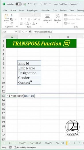 How to Flip Dynamic Data with TRANSPOSE Function in Excel?🔄#excel #exceltips #exceltutorial #ytshort