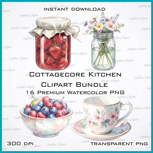 Premium Cottagecore Kitchen Clipart Bundle PNG, Watercolor Rustic Cooking Elements, Vintage Farmhouse Kitchen Graphics 16 PNG Commercial Use - Etsy