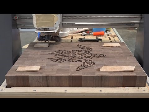 Hawaiian Sea Turtle cutting board / butcher block. CNC woodworking. CNC Inlay. 4K Video.