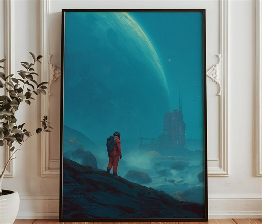 Astronaut Alien Planet Art Print - Sci Fi Exploration Poster - Futuristic Space Colony Wall Art - Cosmic Landscape Illustration - Etsy