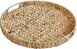 Round Handmade Wicke Extra Large Ottoman Table Tray 19.7" with Handles - Water Hyacinth Wicker Serving Tray for Farmhouse Decorative Oversized Coffee Table Trays Living Room Kitchen Counter Breakfast