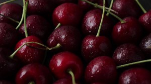 Download Cherry fruit, cherry background, ripe cherry fruit, red cherry, closeup of cherries with drops water for free