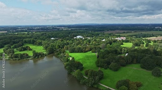 Aerial drone view of Freilichtmuseum Mühlenhof ( Open-air museum Mühlenhof ) in Münster , Germany .