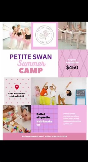Let your little dancer shine this summer at Petite Swan Ballet’s magical Summer Camp! Designed for young ballerinas of all levels, this fun-filled program blends creativity, movement, and confidence-building in a joyful and supportive environment. Each day, dancers will explore: • Ballet technique and posture exercises • Ballet bun styling & stage-ready makeup • Interactive games and indoor activities • Creative expression through movement and play Our camp is the perfect place for children to b