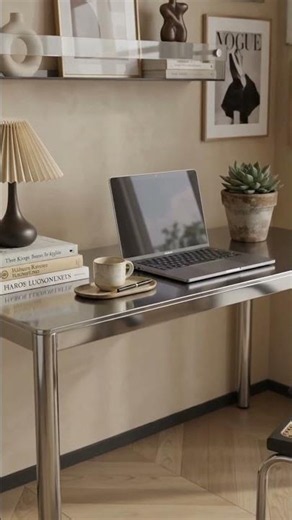 Sleek Chrome Writing Desk for a Soft Modern Apartment Workspace ✍️ #HomeOfficeDecor #ModernFurniture