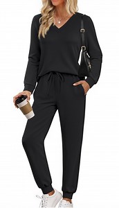 Fantaslook Two Piece Sets for Women Fall Outfits Fashion Lounge Sets V Neck Tops and Jogger Pants Tracksuit Vacation Travel Outfits