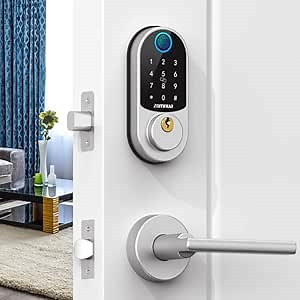 Fingerprint Front Door Lock Set - Zomnua Keyless Entry Door Lock with Handles, Keypad Digital Deadbolt Lock with levers,Electronic Biometric Door Lock with Code Auto-Lock,Fobs,Key for Home Silver