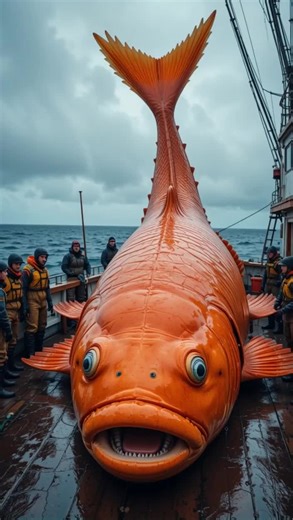 The Giant Golden Catch: A Fisherman’s Unbelievable Discovery Out in the vast, unforgiving waters of Alaska, a crew of seasoned fishermen made a discovery that defies belief—a colossal golden fish, unlike anything ever seen before. As the massive creature was hauled onto the deck, jaws dropped and cameras rolled, capturing a once-in-a-lifetime moment. With shimmering orange scales, bulging eyes, and a sheer size that dwarfs even the strongest crew members, this fish looks like something straight 