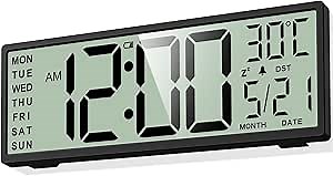 XREXS 14.5" Digital Wall Clock Battery Operated with Big Digits LCD Screen Display, Large Display Timer with Temperature Date Week Auto DST, Alarm Clock for Classroom, Livingroom, Office