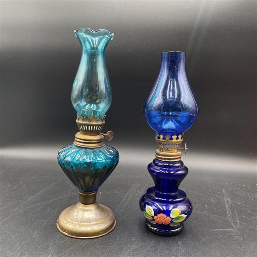 Vintage Small Glass Kerosene Oil Lamp – Cobalt Floral – Rustic Farmhouse Lighting - Etsy