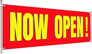 Large Now Open Banner Outdoor Indoor Signs Polyester Oxford Cloth Now Open Sign Hanging Banner for Lawn Outside Business Shop Decoration, 3 x 8 Feet(Red Background with Yellow)