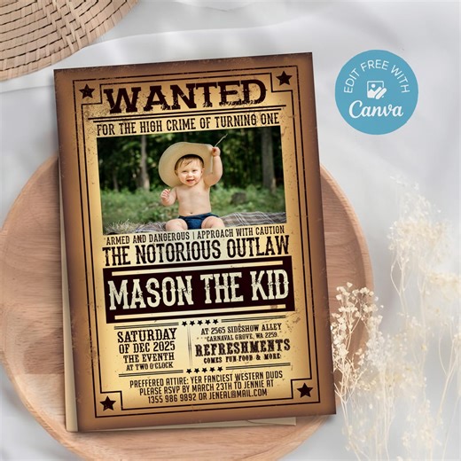 Cowboy Birthday Invitation, Wanted Poster Photo, Canva Template (digital File) - Etsy