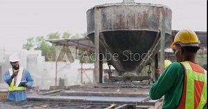 African american mason worker pouring the ready-mixed concrete at Heavy Industry Manufacturing Prefabricated concrete walls factory