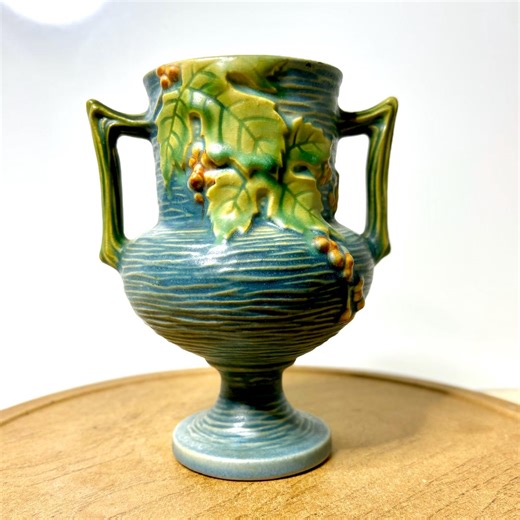 Roseville Bushberry Vase 156-6 | Vintage Blue Pottery Berry Leaf Motif - Etsy