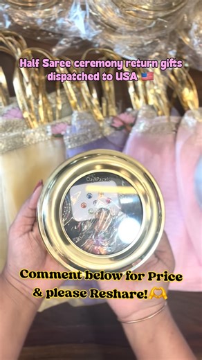 Clay N Pastels | Return gifts | Miniature on Instagram: "Curated these beautiful return gifts for Half saree ceremony and dispatched to USA! 🪷🇺🇸 Inclusions are as below, 🩷 Brass masala box with glass lid (light weight) 🩷 Girl theme Pasupu Kumkum 🩷 Bindi packet 🩷 Organza bag Size 6 inch (7cups) Min order is 20 pcs bulk price may vary!🫰 Comment below for price & other details! Like, Share & save it for later 🫰♥️ . . . . . . . [babyshower hampers, baby shower return gifts, housewarming ret