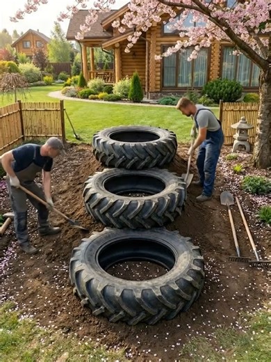 They Built a KOI POND using only OLD TRACTOR TIRES!🤯 #DIYGarden#WaterFeature#KoiPond#Upcycling#TireBuild#GardenDesign#LawnCare