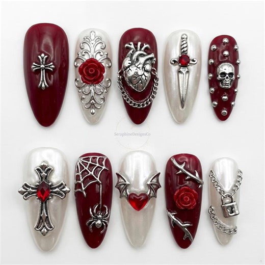 Gothic Dark Red Cross Press on Nails, Silver Chrome Spider Web Fake Nails, Grunge Skull Heart Chain Art, Y2K Vampire Halloween Nail Set - Etsy
