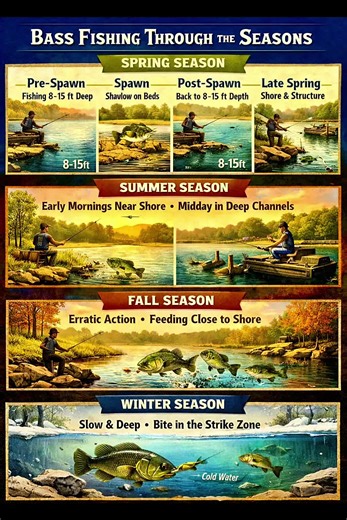Bass Fishing Through the Seasons 🎣 Understanding bass behavior in each season can dramatically improve your success on the water. From targeting pre-spawn bass in deeper zones, sight-fishing during the spawn, working structure in late spring, to slowing down your presentation in winter—each season requires a different approach. Learn where bass move, how deep they hold, and when they’re most likely to strike so you can fish smarter all year long. . #BassFishing #fishingtips #bass