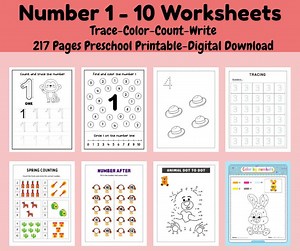 Numbers 1-10 Trace and Color Worksheets: Preschool Handwriting Practice (PDF Download) - Etsy