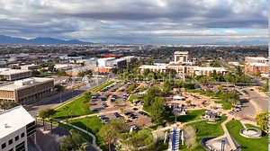 Arizona State Capitol, State Senate, House of Representatives building and Wesley Bolin Memorial Plaza aerial view in city of Phoenix, Arizona AZ, USA.