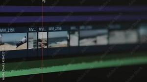 Close Up of video editing software with moving timeline and mouse movement