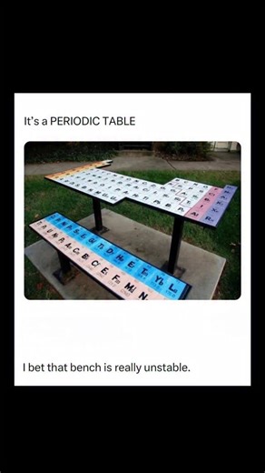 Johnny Bravo Explains Memes on Instagram: "Hey everyone, Johnny here to explain. This meme shows a literal outdoor bench made to look like the periodic table of elements — the kind you see in chemistry classrooms. The caption on top says, “It’s a PERIODIC TABLE,” which is already a pun, playing on the double meaning of “table” (a piece of furniture and a data chart). Then it gets even better with the bottom comment: “I bet that bench is really unstable.” That’s a sly chemistry joke referring to 