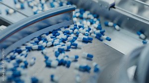 Blue Capsules are Moving on Conveyor at Modern Pharmaceutical Factory. Tablet and Capsule Manufacturing Process. Close-up Shot of Medicinal Drug Production Line.