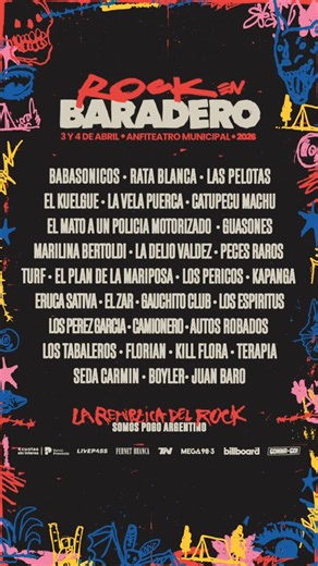 Rock en Baradero on Instagram: "Rock en Baradero 2026 ⛓️‍💥 Line Up completo de esta nueva edición de La República del Rock 🎸 🤟🏼 🏹 Te esperamos el 3 y 4 de Abril en el Anfiteatro Municipal de Baradero. 🎫 Conseguis tus abonos en Livepass.com.ar ✅ Con @banco_provincia tenés 4 cuotas sin intereses + 25% de reintegro (tope de $10.000 por transacción)"