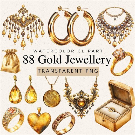 Watercolor Gold Jewelry Clipart, 88 PNG Images, Rings, Earrings, Necklace Bracelet Illustration (digital Download) - Etsy