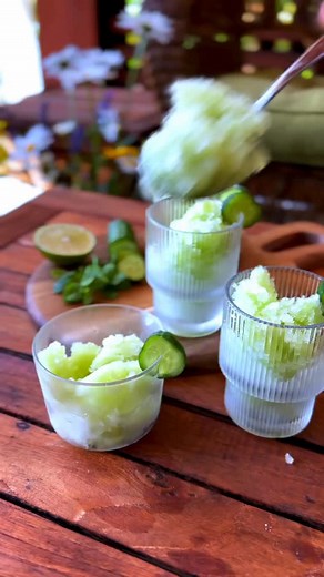 🥒 Cucumber sorbet: the ultimate summer refreshment ☀️and no special equipment required. Featured in British Columbia From Scratch Makes 3 cups 3 large English cucumbers ½ cup 1 Tbsp Tbsp granulated sugar ¾ cup water juice and grated zest from 1 ½ limes ¾ cup torn mint leaves Peel cucumbers and cut in half lengthwise. Scoop out the seeds and discard. Chop the cucumber; you should have about 6 cups. Puree the cucumber; pour through a fine-mesh strainer placed over a bowl. Extract as much liquid a