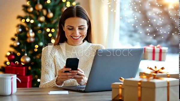 Joyful Woman Donating Online at Wooden Desk