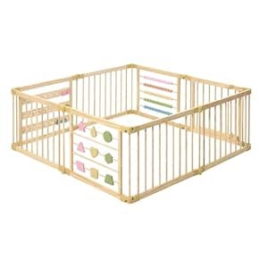 ZETY Natural Wood Baby Playpen – 8 or 10 Panel Foldable Play Yard with Door Panel and Built-in Toys, CPC Certified & SGS Tested