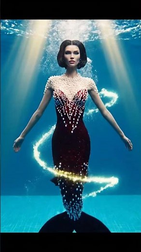 “Elegant Red Mermaid Rising From the Deep — Stunning Underwater Transformation in Pearl Gown 🧜‍♀️✨”