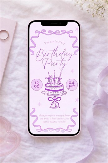 Animated Birthday Invitation Template | Purple Bow Cake Video Invite | Editable Canva Mobile Invitation | Digital Download - Etsy