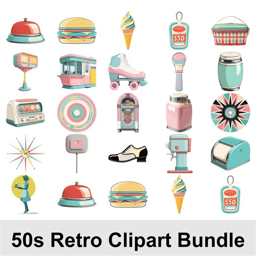 50s Retro Clipart Bundle | Cute Mid Century Modern Clipart PNG | Vintage 50s Diner & Rockabilly Graphics • Digital Download Commercial Use - Etsy