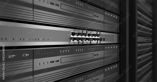 Modern data center server room with glowing racks. Technology Related 3D 4K Animation.
