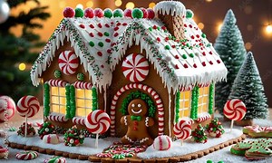 Beautifully decorated gingerbread house, Gingerbread house with Christmas lights covered in snow, festive decorations, capturing the holiday spirit, snow, christmas mood