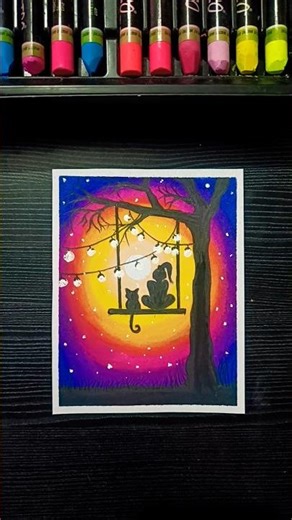 Girl & Cat Sunset Drawing🌅✨| Easy OilPastel Art #oilpastel #art