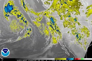 GOES imagery of the weather system that may bring heavy snow to the Sierras and heavy rain to the California coast today (1/5) and tomorrow (1/6). According to the National Weather Service, Multiple bursts of upper-level energy will move into the West Coast through Wednesday evening. Rain and higher elevation snow will develop along the West Coast through Tuesday evening followed by a brief pause as the first system clears the area. By Wednesday morning, the second system will move onshore bring
