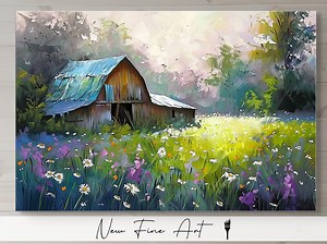 Oil Painting Barn in Flower Field, Farmhouse Wall Art, Country Landscape, Barns, Green, Spring, Cheerful, Museum Quality Canvas or Art Print - Etsy