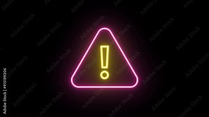 Neon warning icon, color shift animation. Glowing neon exclamation mark, looped color animation. Caution signal, alert, urgent attention, error notice, danger, important message. Pink, yellow color