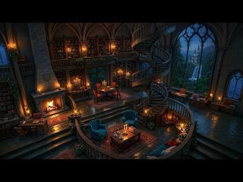 Studying in a Cozy Vast Gothic Library | Relaxing Piano & Violin | Dark Academia Playlist with Rainy