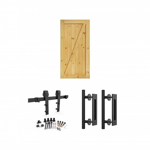 36 in. x 84 in. Knotty Pine Barn Door Slab, 72 in. Black Hardware Kit and 12 in. Black Handle Set (2-Pack) - The Home Depot