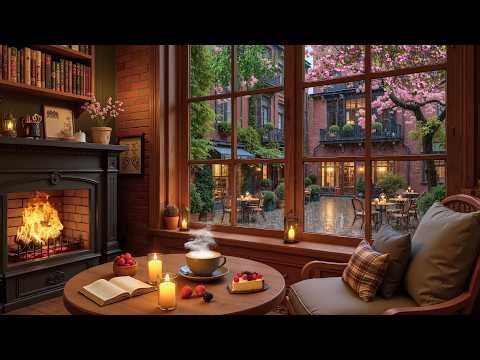 Smooth Rainy Coffee Shop Ambience ☕ Jazz Piano & Crackling Fireplace for Study & Work