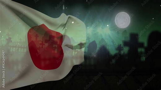 Wind gusts sending white flag with red disc unfolding, rippling, shifting right, revealing graves